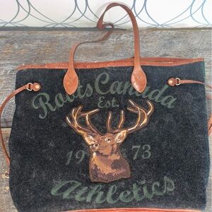 Roots Canada Moose Canvas & Leather Tote Bag Green Plaid Shopper